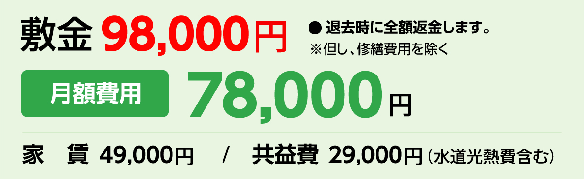 敷金 98,000円　●退去時に全額返金します。※但し、修繕費用を除く／月額費用 78,000円／家賃 49,000円／共益費 29,000円（水道光熱費含む）